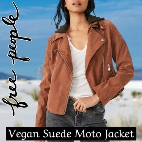 Free People Jackets & Blazers - FREE PEOPLE NWT Harriett Moto-Style Brown Vegan Suede, Black Hood Jacket/Md